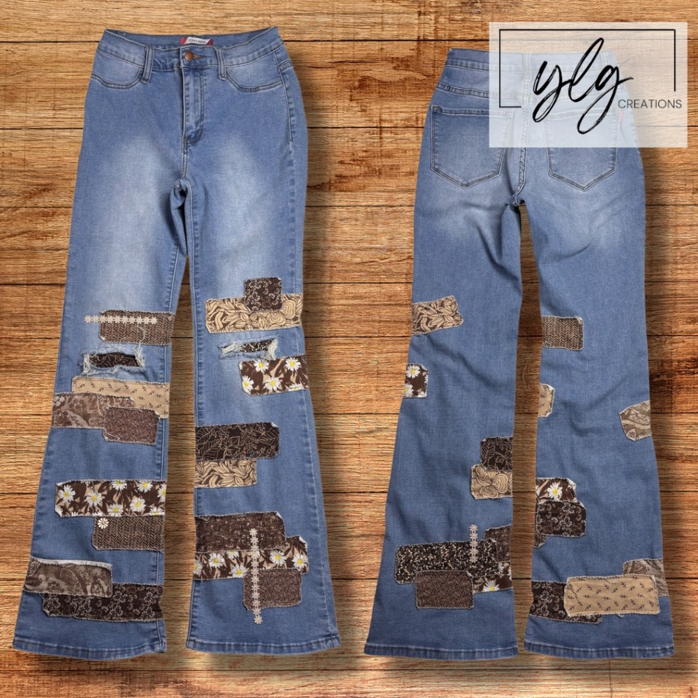 Vibe & Rant Jeans Bell Bottoms Floral Patchwork Brown Tan Stretch Retro Hippie 9